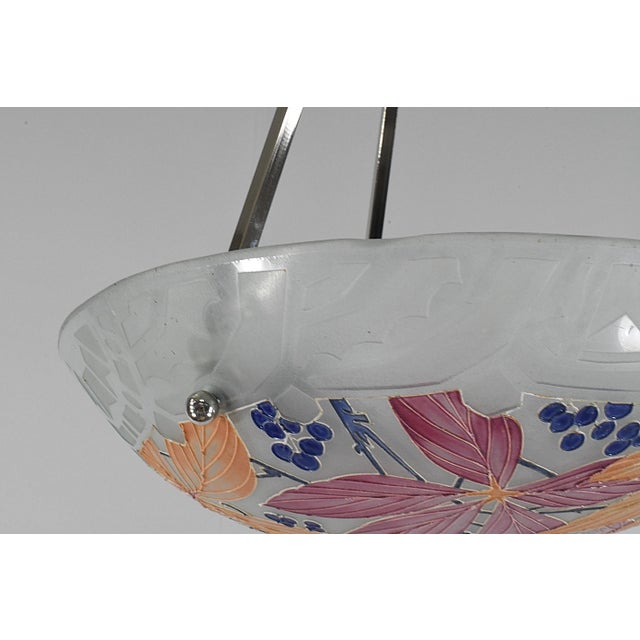 Loys Lucha French Art Deco Pendant Light 1930s - Red Orange Floral Enameled Bowl For Sale - Image 13 of 14