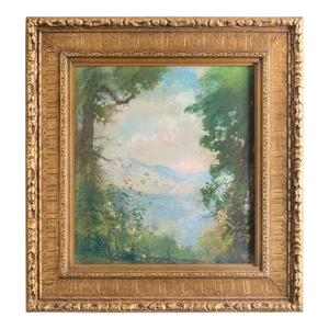 Antique Will Henry Stevens Landscape Pastel Painting in Green and Sky Blue with Gilt Frame