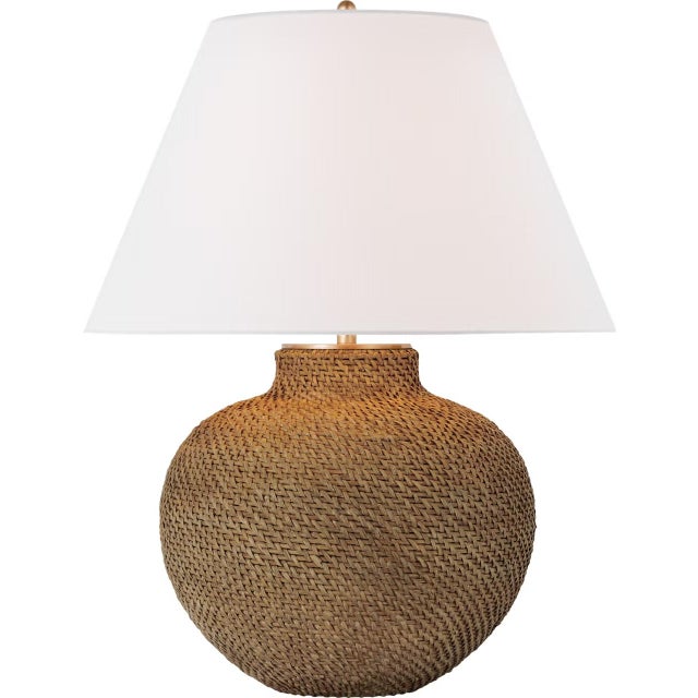 Transitional Marie Flanigan by Visual Comfort Signature Avedon Medium Table Lamp in Natural Rattan with Linen Shade For Sale - Image 3 of 3