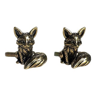 English Traditional Small Figurative Fox Solid Brass Cabinet Knobs, a Pair For Sale
