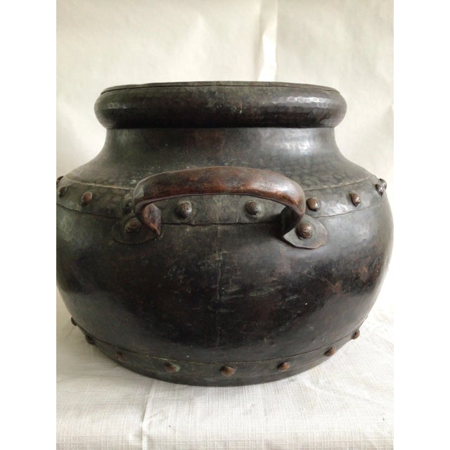 1940s 1940s Hand Hammered Studded Patinated Copper Pot With Handles For Sale - Image 5 of 9