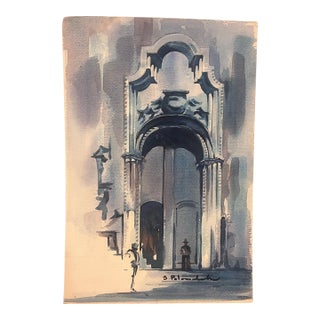 Original Vintage Architectural Watercolor Signed s.p.i. European Baroque Church- Mid Century Modern (Mcm) For Sale