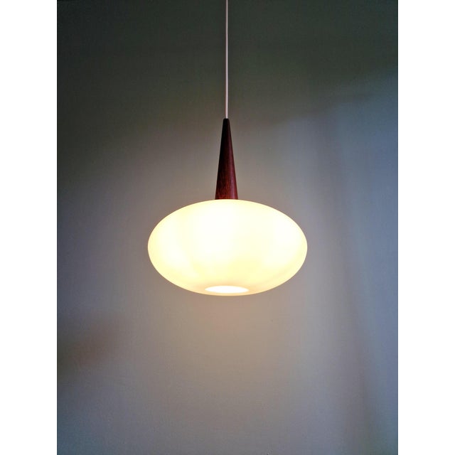Wood Scandinavian Pendant Light in Teak and White Opaline Glass by Louis Kalff for Philips, 1960s For Sale - Image 7 of 15