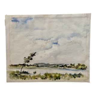 Henry Emil Salloch Original Watercolor on Paper Overcast River Valley With Reeds, 1940. For Sale
