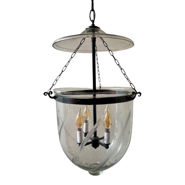 Georgian Etched Glass Bell Jar Lantern (Antique Bronze) 12" Diameter For Sale