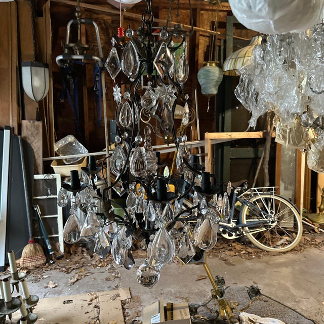 Vintage Six Arm Metal and Crystal French Provincial Chandelier For Sale