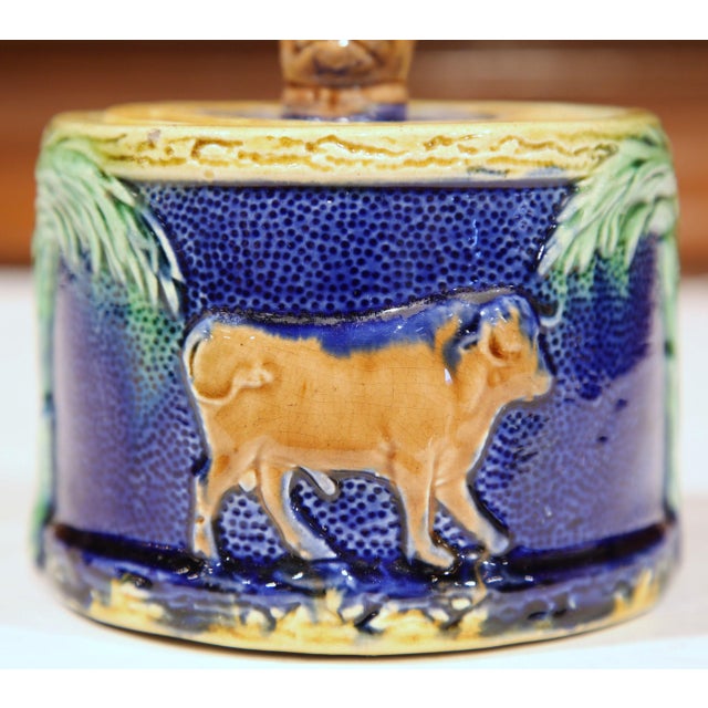 Ceramic 19th Century French Barbotine Majolica Covered Sugar Bowl With Cow Motifs For Sale - Image 7 of 9