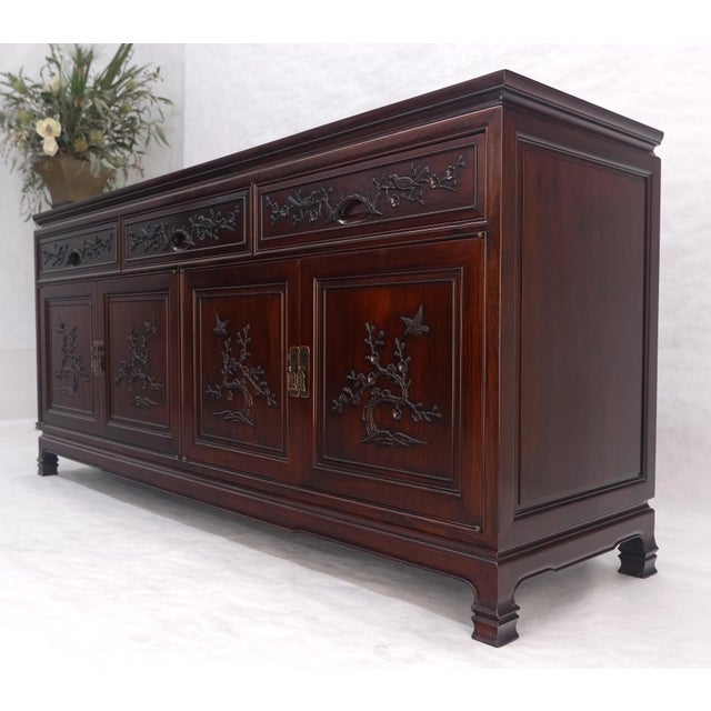 Asian Mid Century Modern Carved 4 Doors 3 Drawers Credenza Dark Solid Teak MINT For Sale - Image 6 of 16