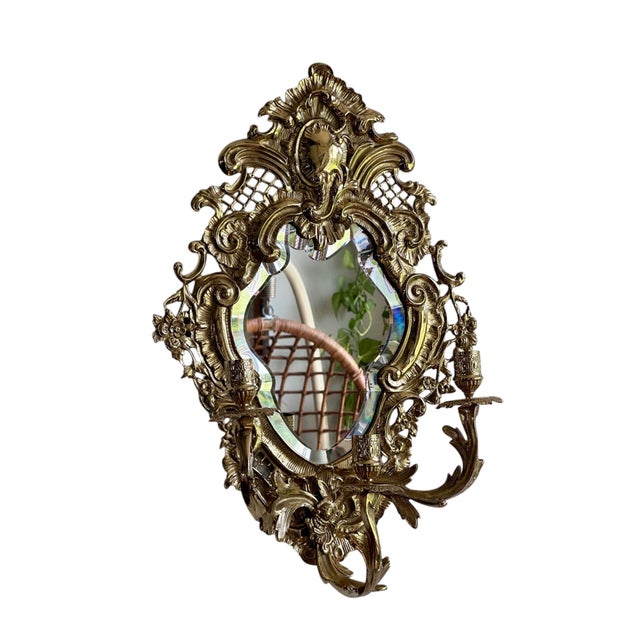 Vintage Gilded Brass Wall Sconces W/ Beveled Mirrors For Sale - Image 10 of 14