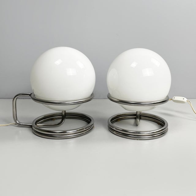 Space Age Italian Table Lamps in Opaline Glass and Steel, 1970s, Set of 2 For Sale - Image 4 of 13