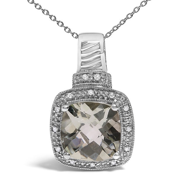 Contemporary Sterling Silver Cushion Gray Green Amethyst and Diamond Accent Halo Pendant Necklace For Sale - Image 3 of 4