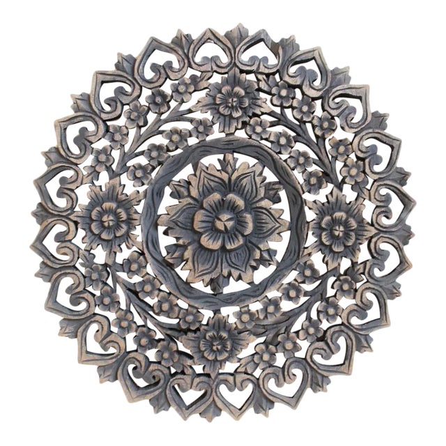 Vintage Antique Burn Carved Medallion Boho Wall Panel 18" For Sale