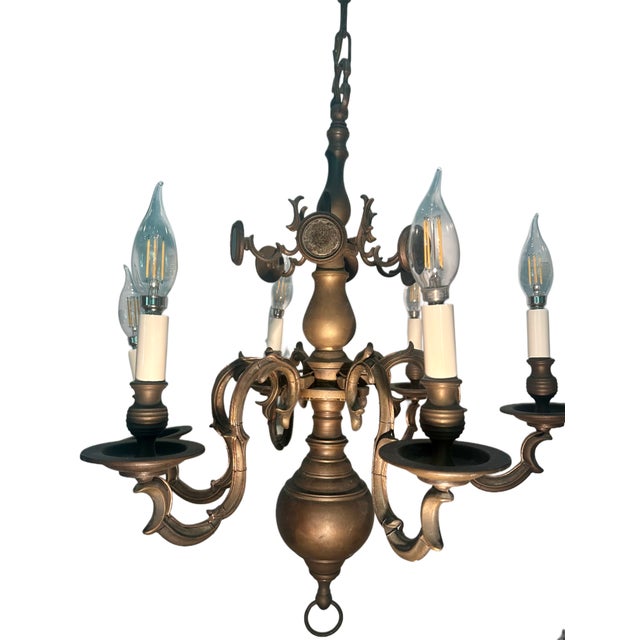 Antique Dutch Baroque Solid Bronze 6-Arm Chandelier, 19th Century For Sale - Image 4 of 5