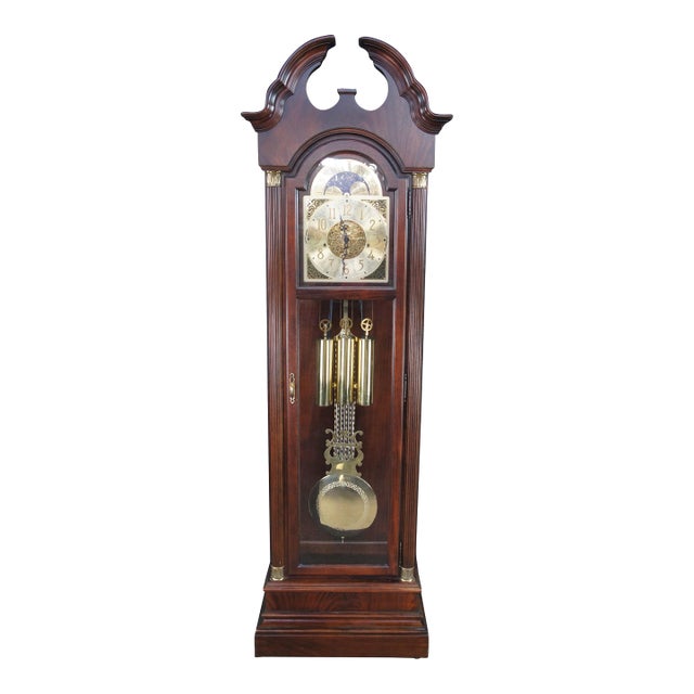 Vintage Howard Miller Georgian Style Flame Mahogany Moon Dial Grandfather Clock For Sale