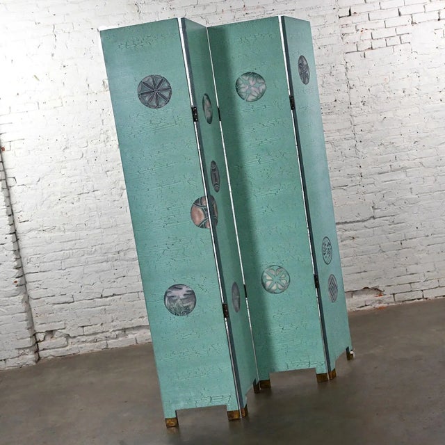 Wood Late 20th Century Folding Screen Modern Asian Chinoiserie Extra Tall Green Four Panel Hand Carved & Painted For Sale - Image 7 of 13