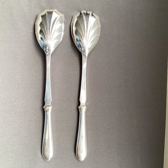 Unique modern silver salad set servers made in Sheffield England. Electroplated nickel silver with stamped sterling silver...