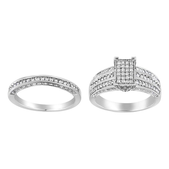 .925 Sterling Silver 3/4 Cttw Prong Set Round Diamond Composite Engagement Ring and Band Set (I-J Color, I3 Clarity) - Size 12 For Sale