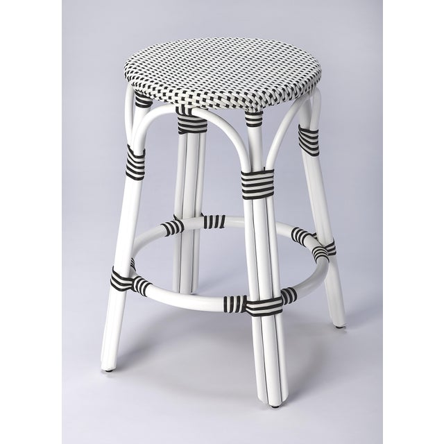 Cream Tobias 24 in. Seat Height Round Rattan Backless Counter Stool, White/Black Dot / White Rattan Frame For Sale - Image 8 of 8