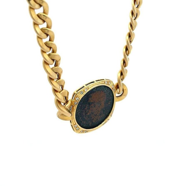 Diamond 18k Gold Necklace Coin Pendant Curb Link Chain For Sale - Image 4 of 7