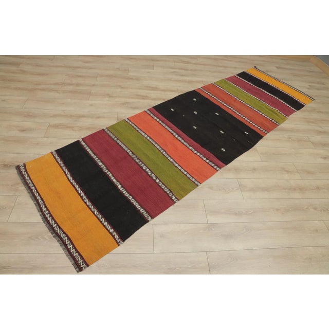 Mid-Century Modern 1960s Scandinavian Natural Wool Colorful Striped Kilim Runner Rug For Sale - Image 3 of 7