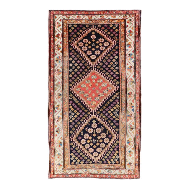 Antique Persian Tribal Shiraz in Wool With Tribal Medallion Design 4'9 X 9'2 For Sale
