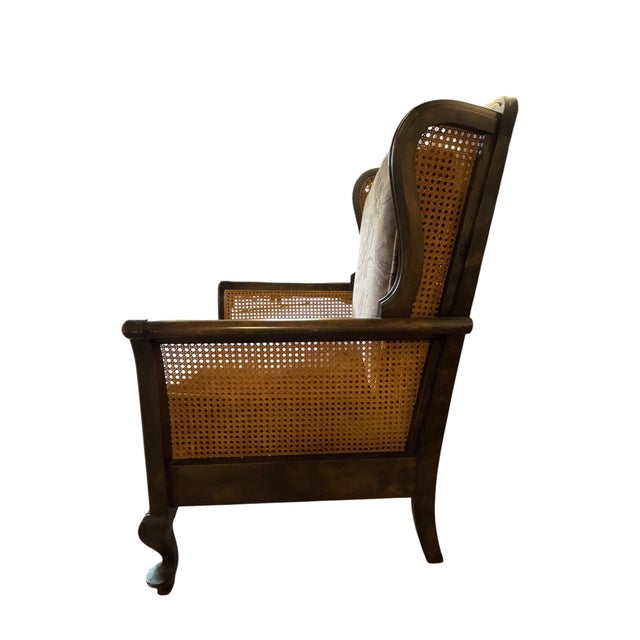Traditional Queen Anne Style Dark Wood Caned Lounge Chair With Floral Velvet Cushions For Sale - Image 4 of 10