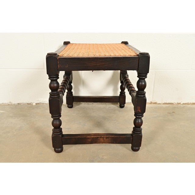 Wood Berkey & Gay Style Antique English Jacobean Carved Walnut and Cane Stool or Ottoman, Circa 1920s For Sale - Image 7 of 8