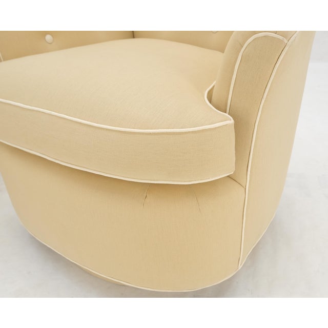 Textile New Linen Upholstery Round Swivel Tub Barrel Back Chairs Baughman - A Pair For Sale - Image 7 of 12