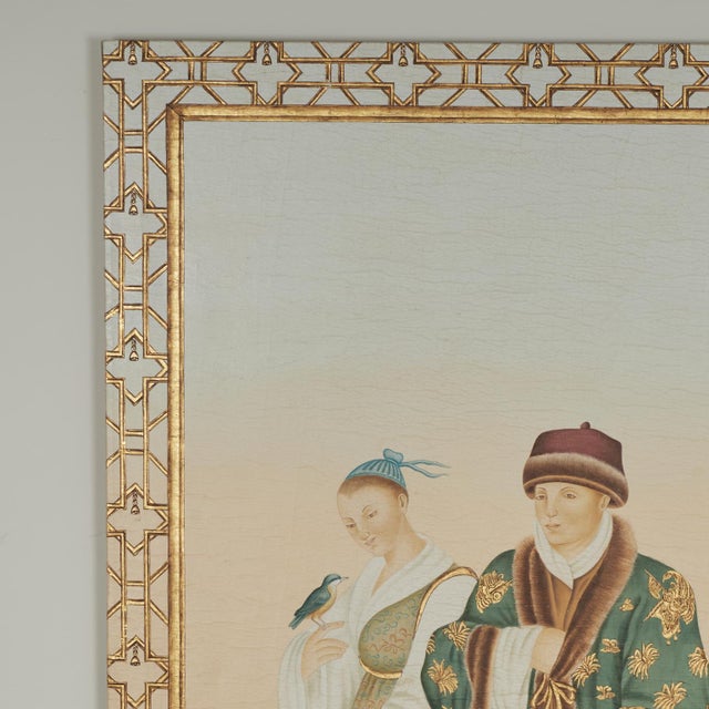 Big bold oriental style oil painting on canvas of two well dressed figures in a garden executed in a chic yet traditional...