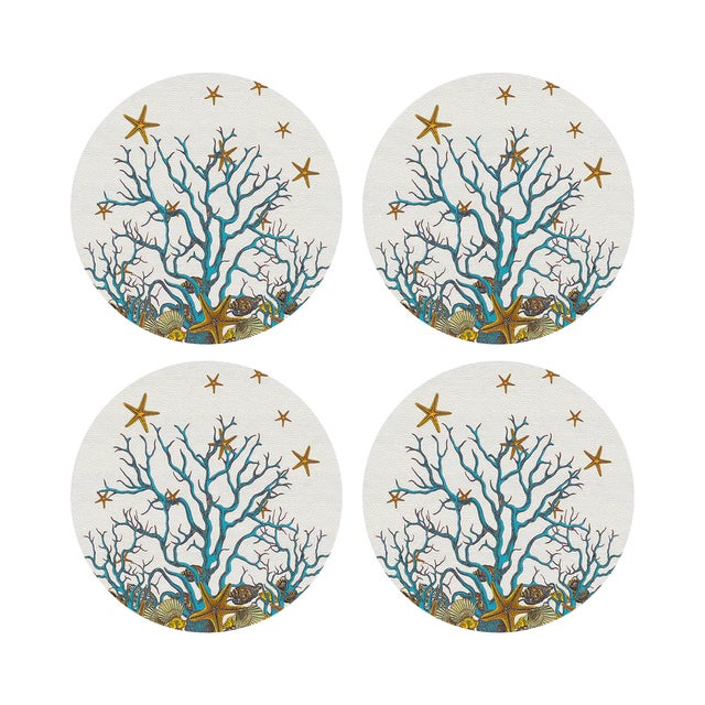 Coral Reef Vegan Leather Round Pebble Placemat, White Turquoise, Set of 4 For Sale - Image 4 of 5