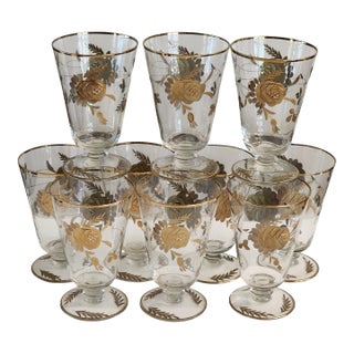 1960s 24k Gold Encrusted Crystal Iced Tea Footed Tumbler Barware Set - Set of 10 For Sale