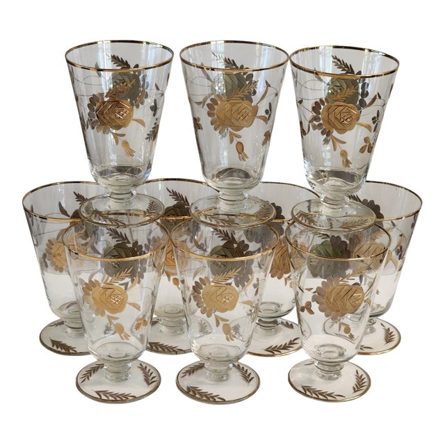 1960s 24k Gold Encrusted Crystal Iced Tea Footed Tumbler Barware Set - Set of 10 For Sale