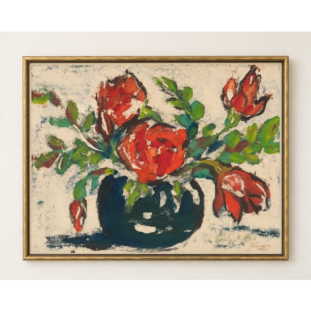 This vintage red flower still-life art print by Zolo Palugyay brings expressive European modernist color to a living room,...