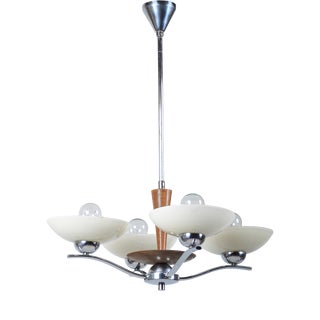 Art Deco Chandelier in Chromed Steel, Beech and Opal Glass, Czech, 1920s For Sale