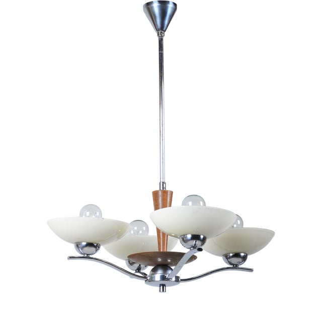 Art Deco Chandelier in Chromed Steel, Beech and Opal Glass, Czech, 1920s For Sale