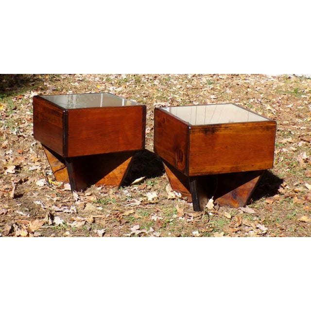 Brown Vintage Mid Century Modern Pair Handcrafted Light Up End Tables Cocktail Tables For Sale - Image 8 of 17