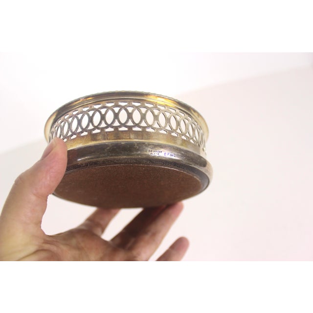 Vintage Silver Plated Wine Coaster With Wood Base and Pierced Sides, Bottle Holder, Shelf Decor, Entertaining Style, Patina For Sale - Image 4 of 8