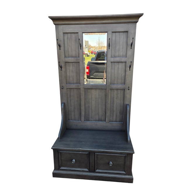 French Country Ethan Allen Logan Hall Tree Seat New Country Bench Coat Rack Trunk Mirror Grey For Sale - Image 3 of 15