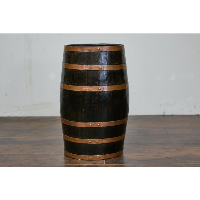 English Wooden Barrel, Copper Braces, Royal Coat of Arms Transfer, Circa 1900 For Sale - Image 11 of 12