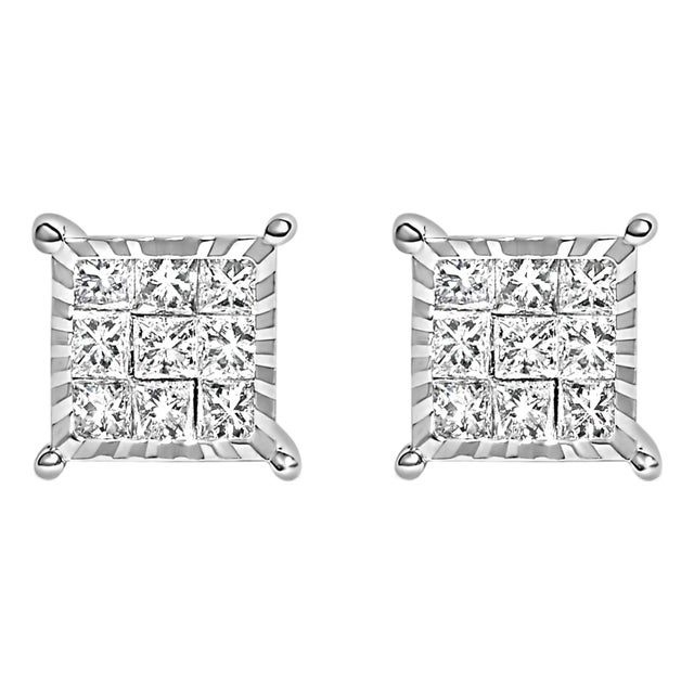 Sterling Silver 1/2 Cttw Princess Diamond Composite Square Stud Earrings For Sale