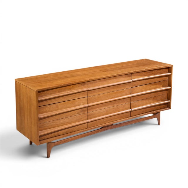 Wood Young Manufacturing Mid Century Walnut Curved Lowboy Dresser For Sale - Image 7 of 7