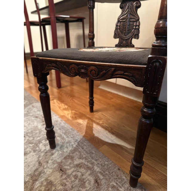 Antique Angel Carved 3-Corner Oak Chair With Needlepoint (Pair) For Sale - Image 4 of 7