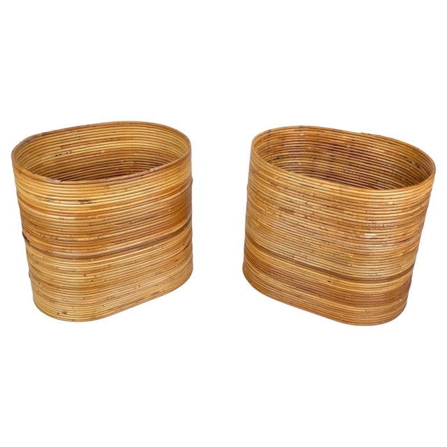 Mid-Century Oval Rattan and Bamboo Basket Plant Holders or Vases, Italy, 1960s, Set of 2 For Sale - Image 14 of 14