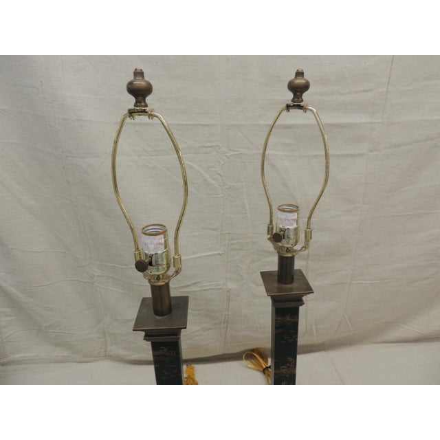 2000 - 2009 Tall Antique Brass Finished and Hunter Green and Gold Leather Wrapped Table Lamps - a Pair For Sale - Image 5 of 6