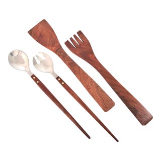 Mid Century Teak Salad Servers – Danish Modern Wood & Stainless Serving Utensils, Barware Set For Sale
