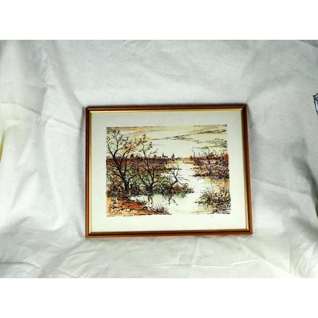 1970s French Watercolor Painting of View of Marsh, Church in the Distance, Framed For Sale - Image 10 of 11