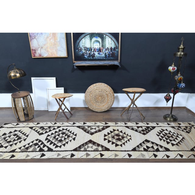 1970s Vintage Turkish Oushak Handmade Wool Cotton Beige Runner Rug For Sale - Image 4 of 11