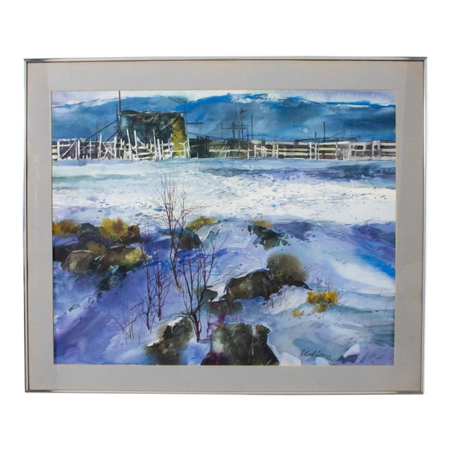 1985 Watercolor Winter Farm Landscape Signed by G. Russell Case Framed For Sale