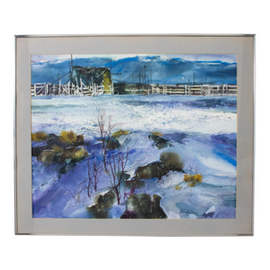 1985 Watercolor Winter Farm Landscape Signed by G. Russell Case Framed