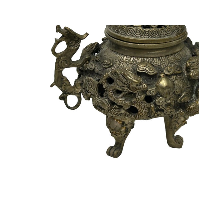 Brass Vintage Bronze Color Metal Dragons Tri Legs Ding Incense Burner Art For Sale - Image 8 of 14